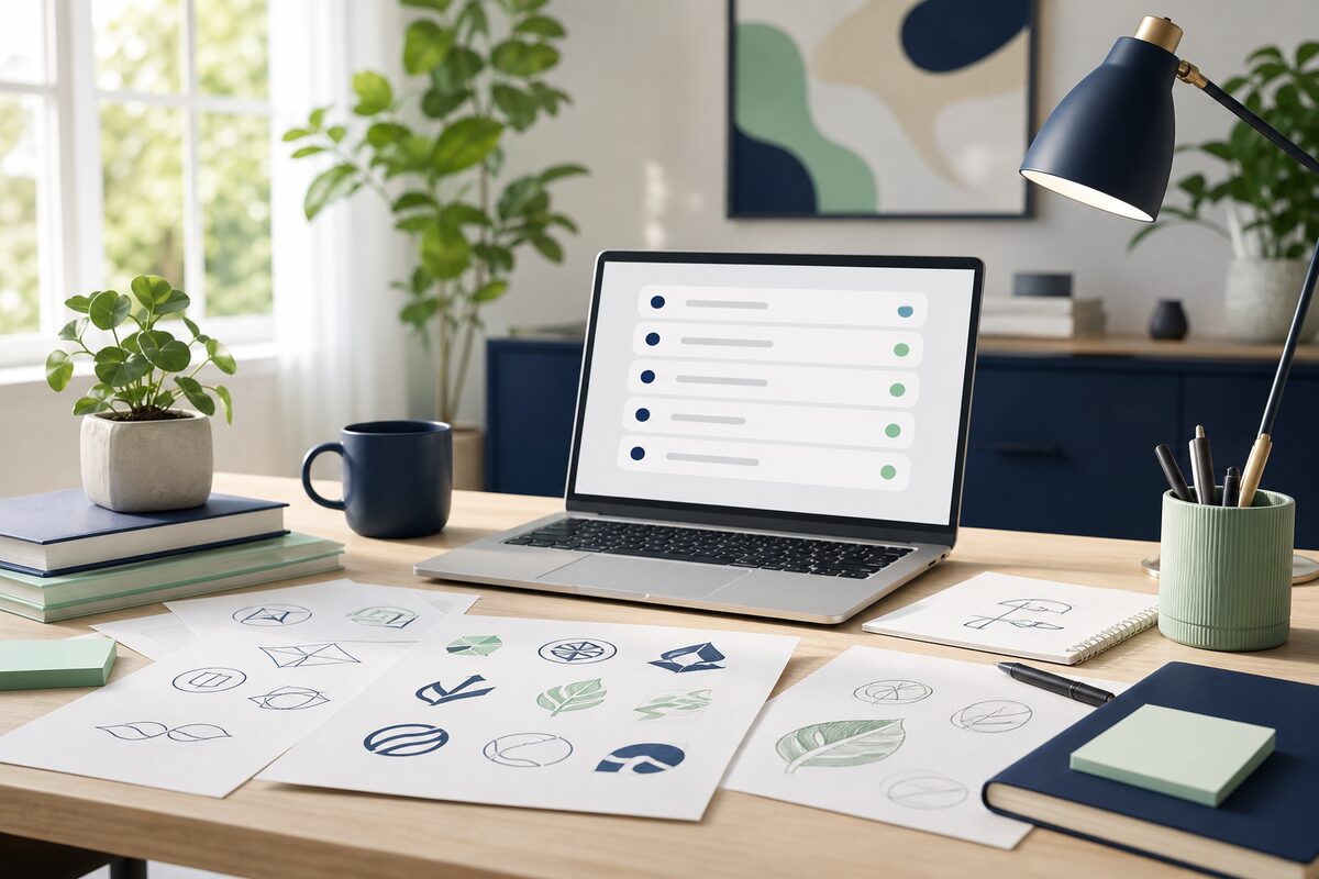 A creative workspace with sketches and laptop showing domain name ideas